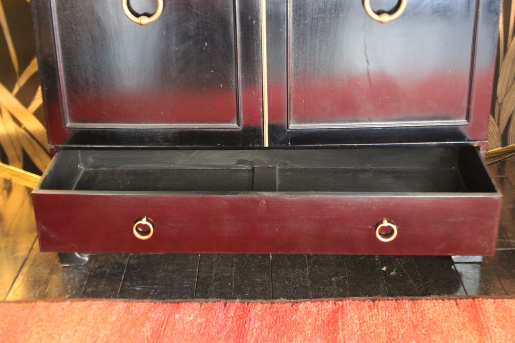 English black lacquered sideboard with brass handles, 1940s