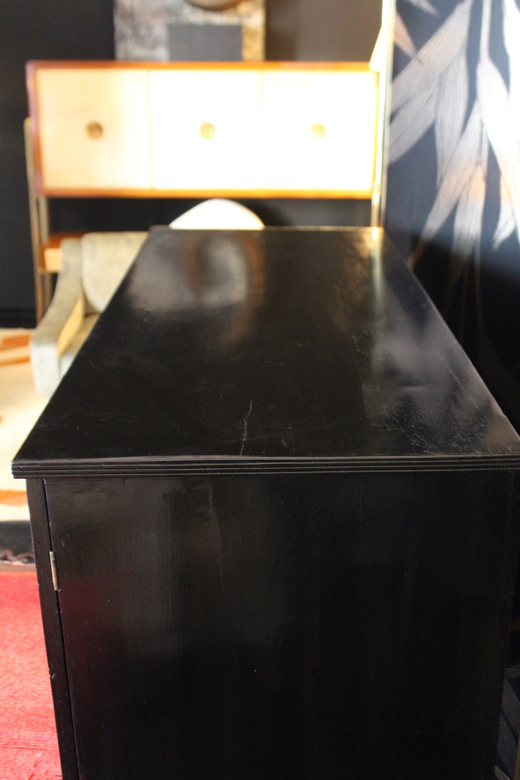 English black lacquered sideboard with brass handles, 1940s