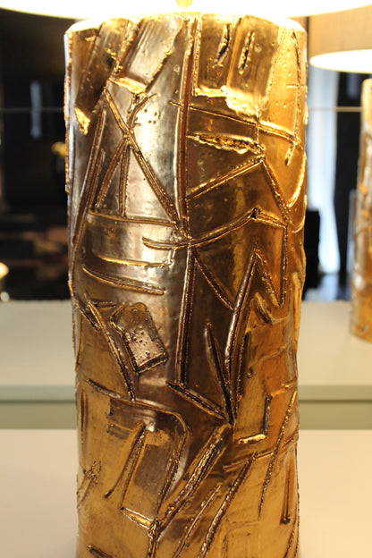 "Banci" Coppia di Lampade Scultoree in Ceramica Oro, Anni '70