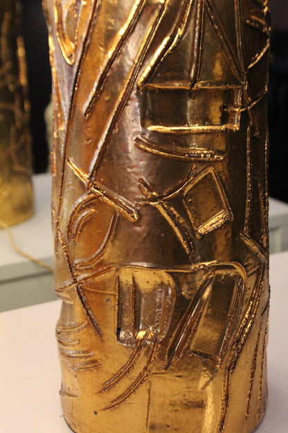 "Banci" Coppia di Lampade Scultoree in Ceramica Oro, Anni '70