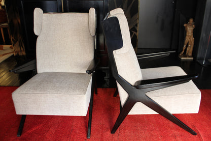 Pair of Black Beech and Chenille Armchairs, 1950s