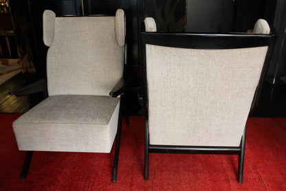 Pair of Black Beech and Chenille Armchairs, 1950s
