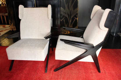 Pair of Black Beech and Chenille Armchairs, 1950s