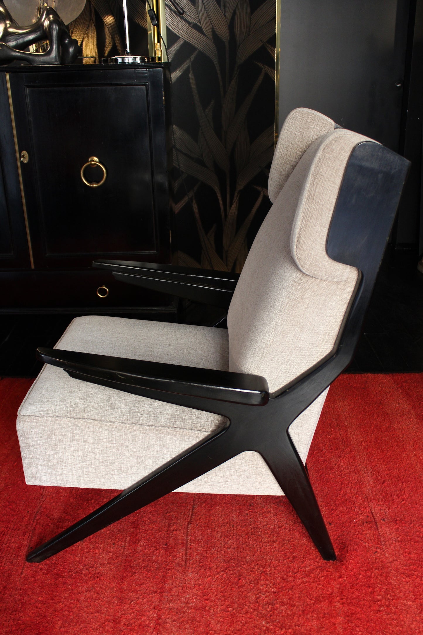 Pair of Black Beech and Chenille Armchairs, 1950s