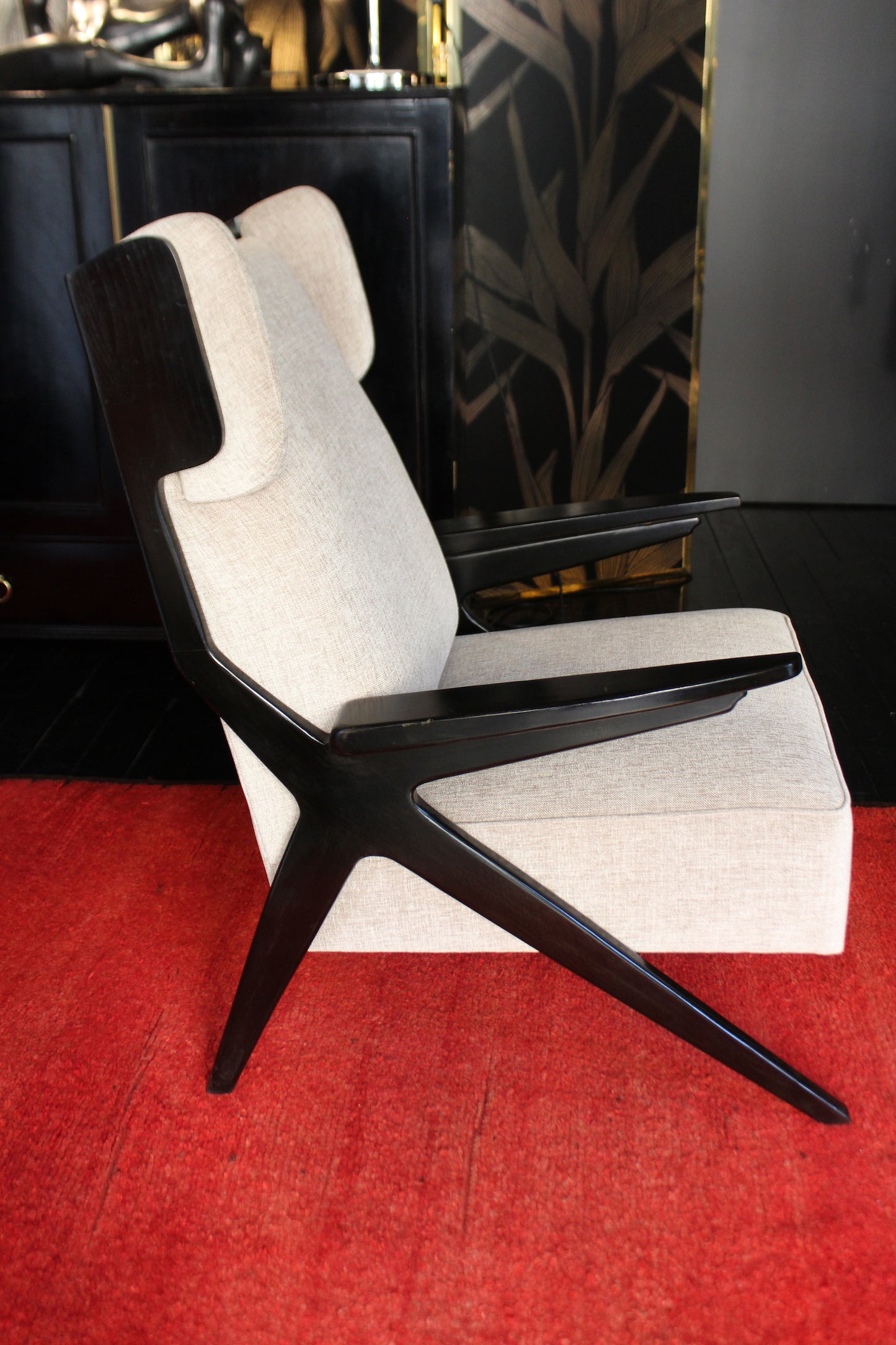 Pair of Black Beech and Chenille Armchairs, 1950s