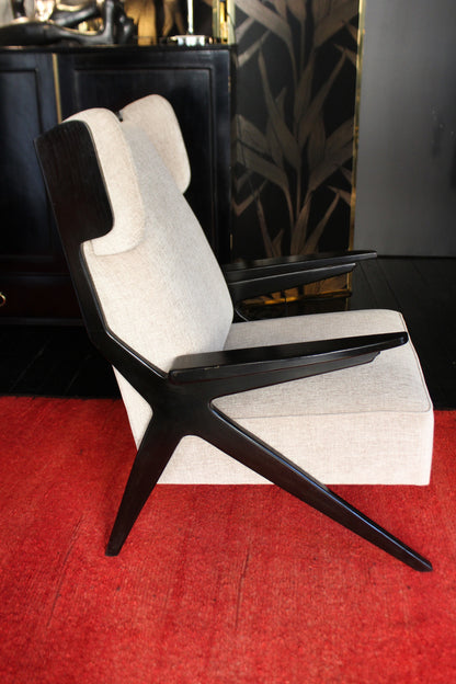 Pair of Black Beech and Chenille Armchairs, 1950s