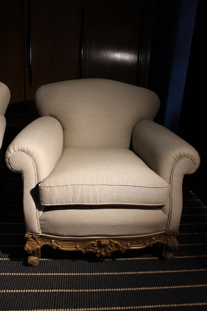 Pair of Linen Armchairs with Carved Baroque Base, 1950s