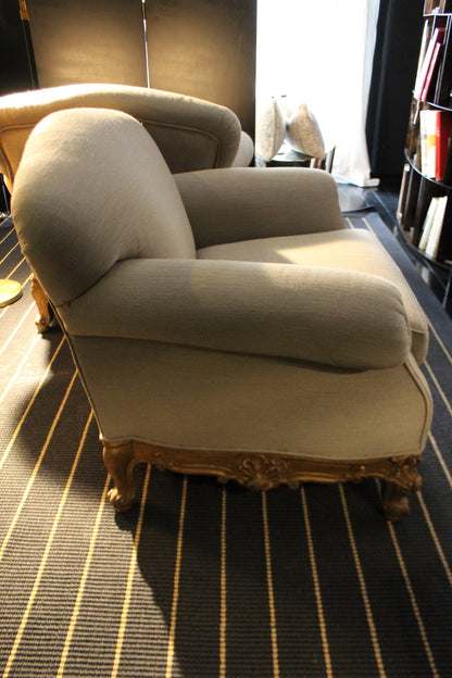 Pair of Linen Armchairs with Carved Baroque Base, 1950s