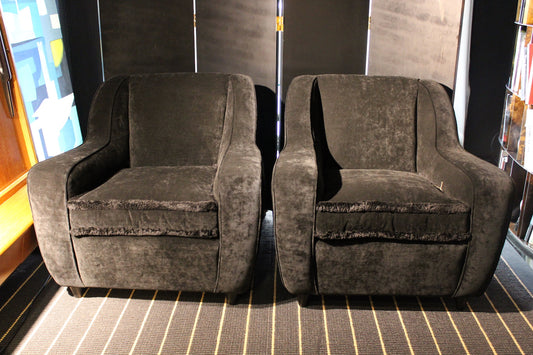 Pair of Rounded Black Velvet Armchairs, 1950s