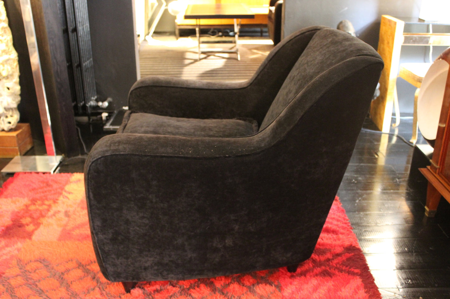 Pair of Rounded Black Velvet Armchairs, 1950s