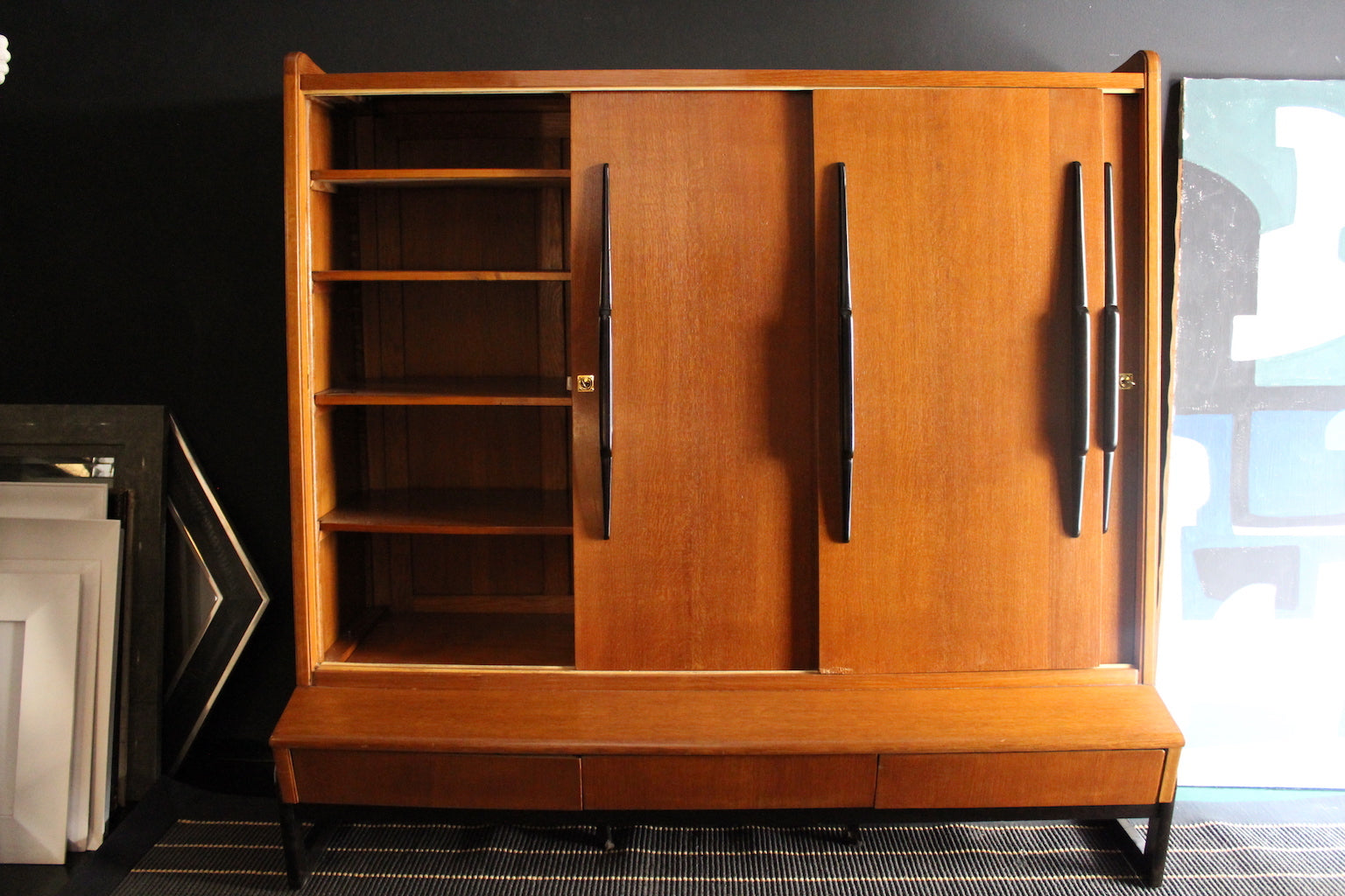 Tall sideboard with sliding oak doors, 1940s